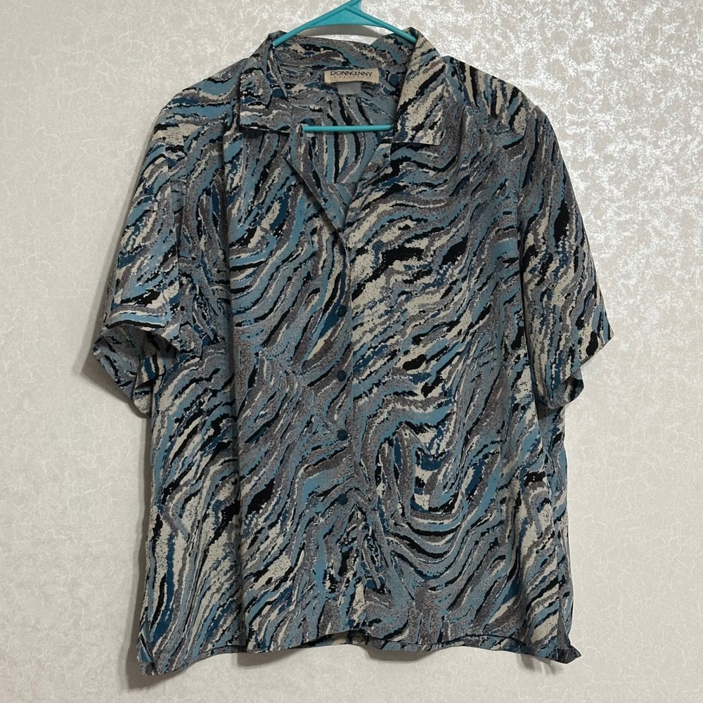 Donnkenny Abstract Zebra Swirl Button Down Shirt Short Sleeve Blue Grey Retro XL